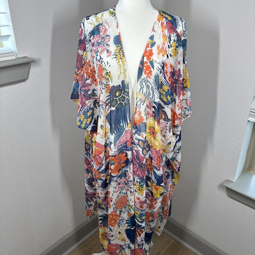 Hibluco Women's Tropical Floral Summer Chiffon Kimono Long Swim Coverup  3XL